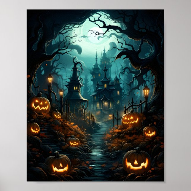 Creepy Haloween Pumpkins in Scary Forest Poster (Framsidan)