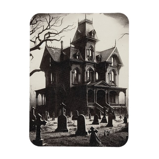 Creepy Haunted House Graveyard Drawing Magnet (Vertikal)