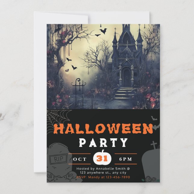 Creepy Haunted House och Fladdermus Black Hallowee Inbjudningar (Framsida)