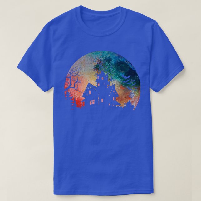 Creepy Haunted House & Spooky Watercolor Full Moon T Shirt (Design framsida)