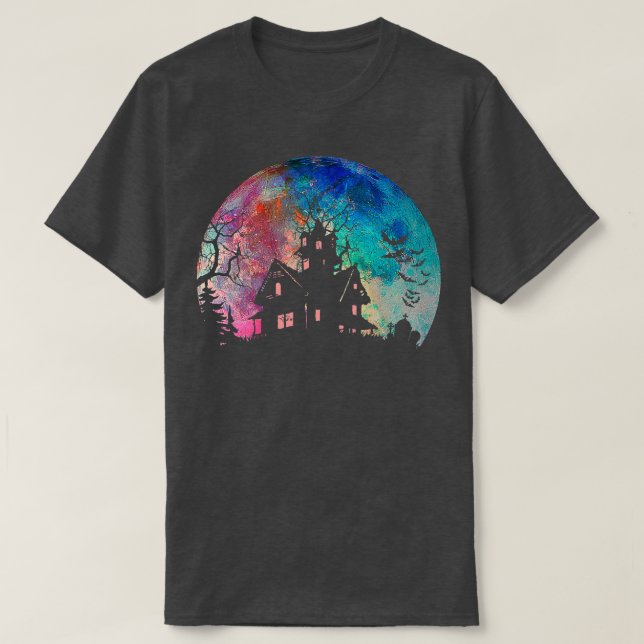 Creepy Haunted House & Spooky Watercolor Full Moon T Shirt (Design framsida)