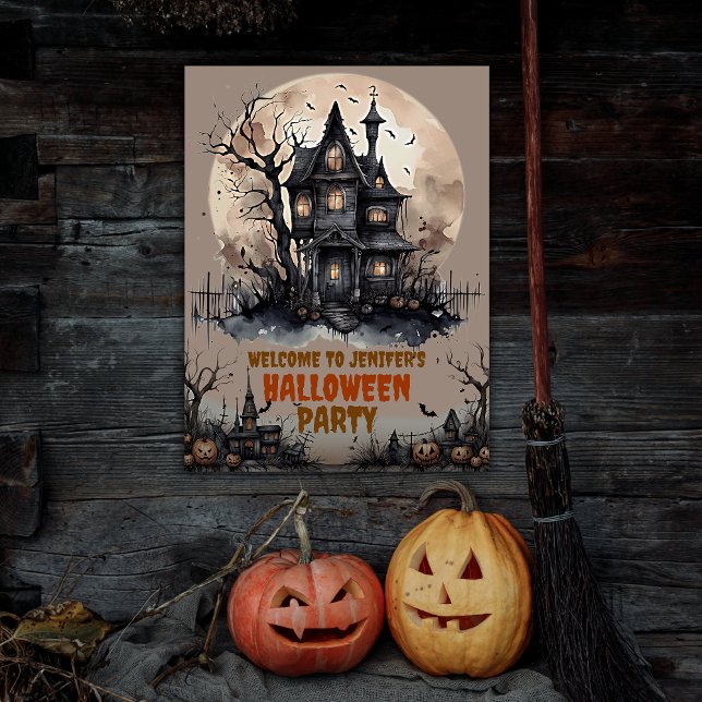 Creepy Haunted Mansion Halloween fest Poster (Welcome guests to a night of spine-tingling delights with this hauntingly delightful party poster.)