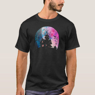 Creepy Hauny House & Spooky Watercolor Full Moon T Shirt