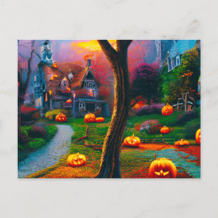 Creepy House med Jack-O-lyktor Halloween Helg Vykort