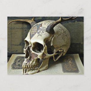 Creepy Human Antlered Skull Vykort