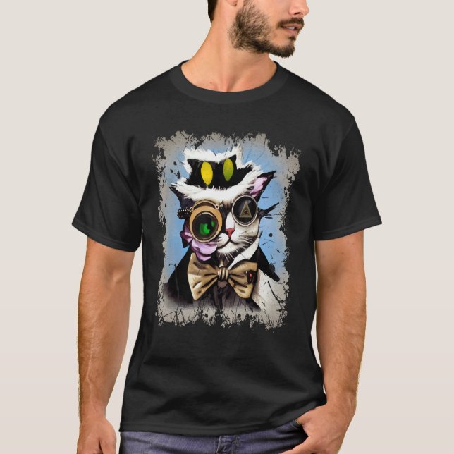 Creepy Illuminati Cat Cyborg Monocle Steam Cat P T Shirt (Framsida)