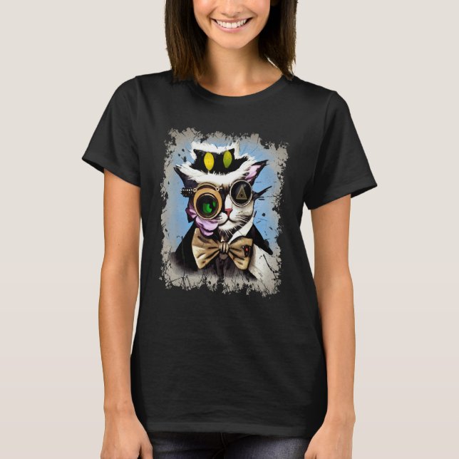 Creepy Illuminati Cat Cyborg Monocle Steam Cat Pun T Shirt (Framsida)