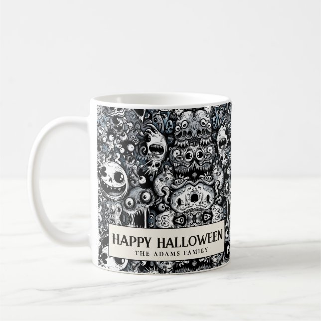 Creepy Monsters Black and White Halloween Kaffemugg (Vänster)