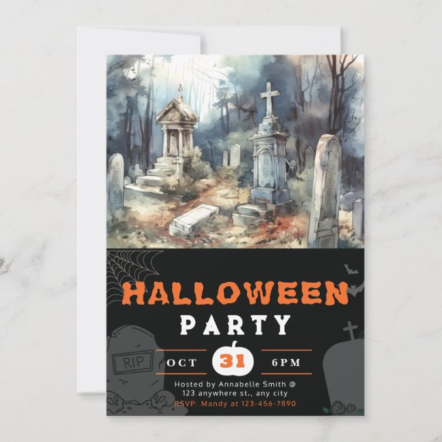 Creepy och Scary Cemetery Black Halloween Inbjudningar (Framsida)