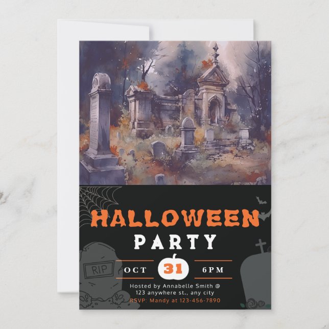 Creepy och Scary Cemetery Black Halloween Inbjudningar (Framsida)