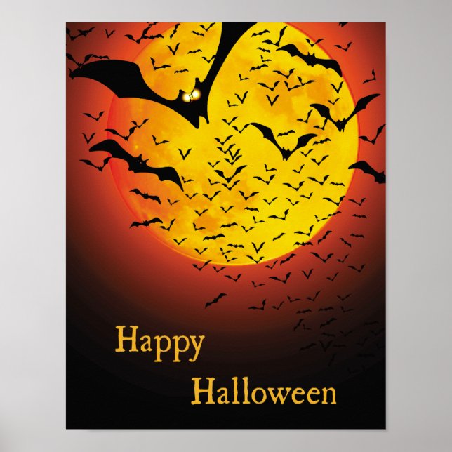 Creepy Orange Måne och Fladdermus Halloween Poster (Framsidan)