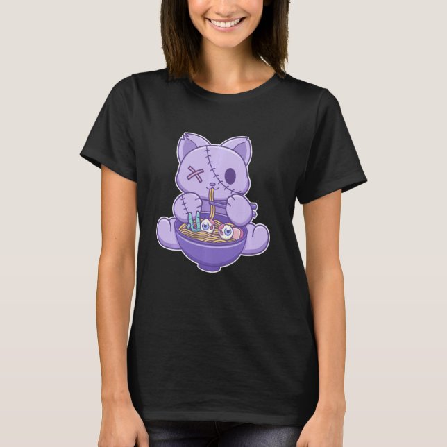 Creepy Pastel Goth Cat Eating Halloween Ramen Nood T Shirt (Framsida)