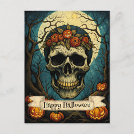Creepy Pumpkin Blommigt Skull Halloween Vykort