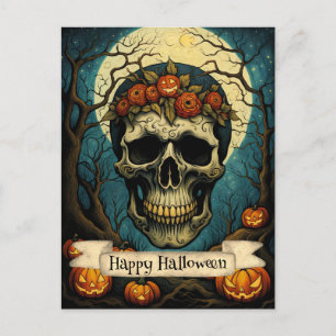 Creepy Pumpkin Blommigt Skull Halloween Vykort