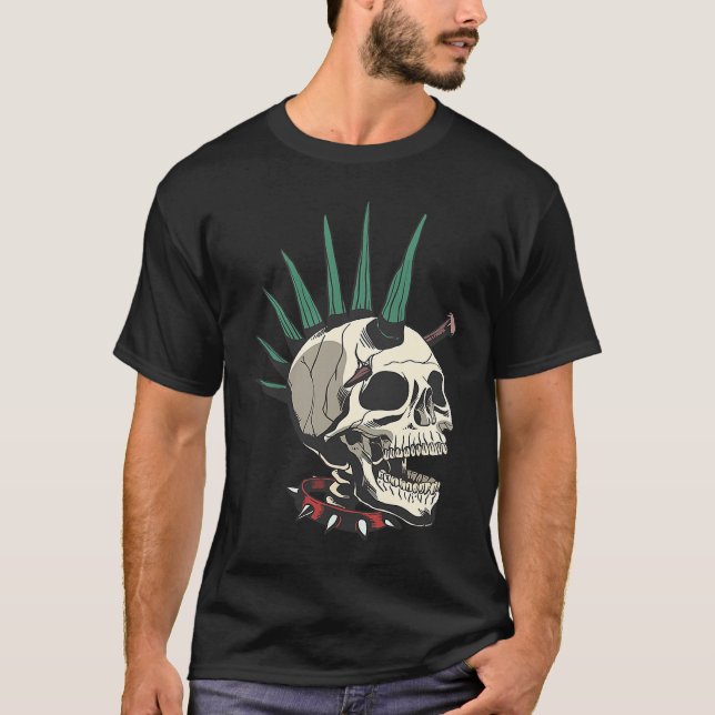 Creepy Punk Skeleton With Stake In Skull T Shirt (Framsida)