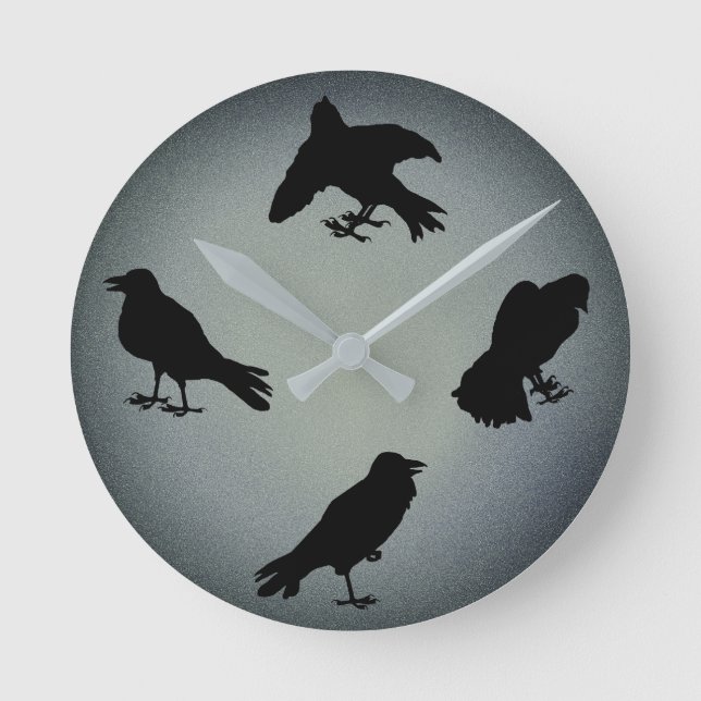 Creepy Raven Silhouettes Grått Halloween Rund Klocka (Framsida)