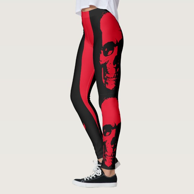 Creepy Red & Black Skull Spooky Halloween Leggings (Vänster)