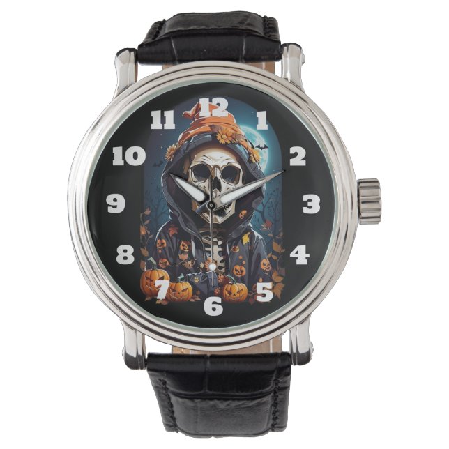 Creepy Skeleton & Autumn Pumpkins Halloween Armbandsur (Framsida)