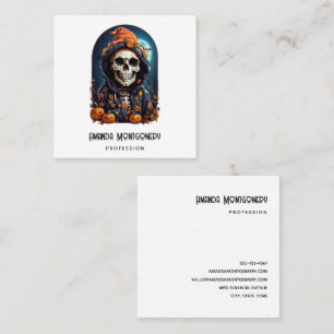 Creepy Skeleton & Autumn Pumpkins Halloween Fyrkantigt Visitkort
