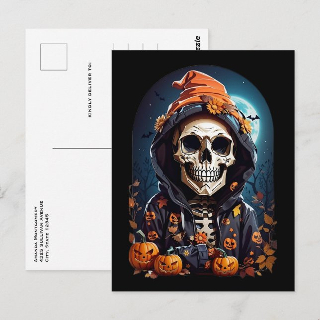 Creepy Skeleton & Autumn Pumpkins Halloween Vykort (Fram/baksida)