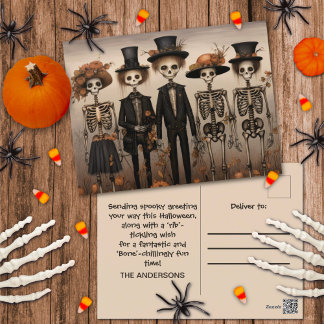 Creepy Skeleton Family Happy halloween Helg Vykort