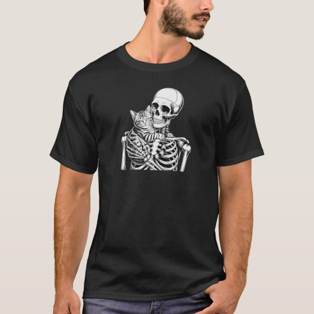 Creepy Skeleton och Cat Kitten Funny Cat Lover Hal T Shirt (Framsida)