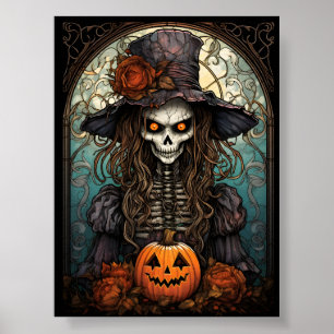 Creepy Skeleton Witch Halloween och Orange Pumpkin Poster