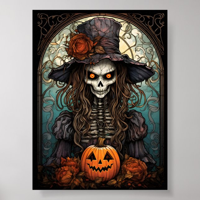 Creepy Skeleton Witch Halloween och Orange Pumpkin Poster (Framsidan)