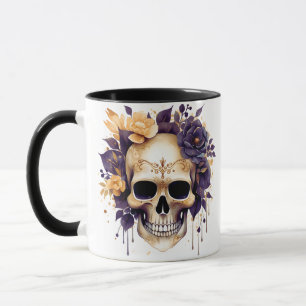 Creepy Skull Gult och Lila blommor Halloween Mugg