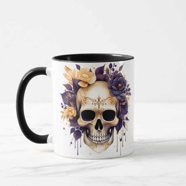 Creepy Skull Gult och Lila blommor Halloween Mugg (Vänster)