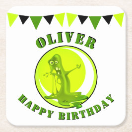 Creepy Slime Monster Kid`S Namn Grattis på födelse Underlägg Papper Kvadrat