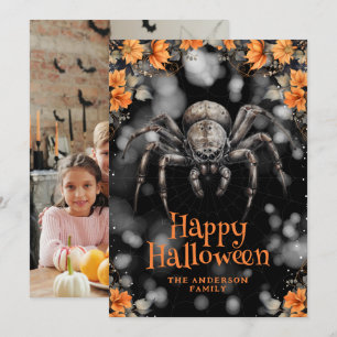 Creepy Spider Blommigt Photo Happy halloween Card Julkort