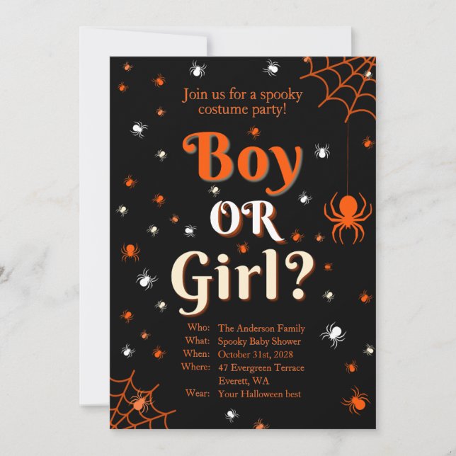 Creepy Spider Halloween Gender Reveal Baby Shower Inbjudningar (Framsida)