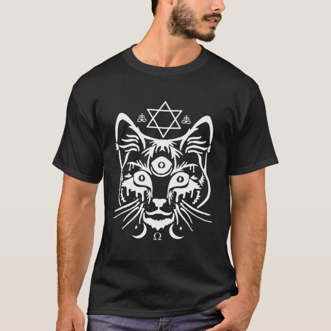Creepy Three Eyed Cat Occult Gothic Kitten Satanis T Shirt (Framsida)