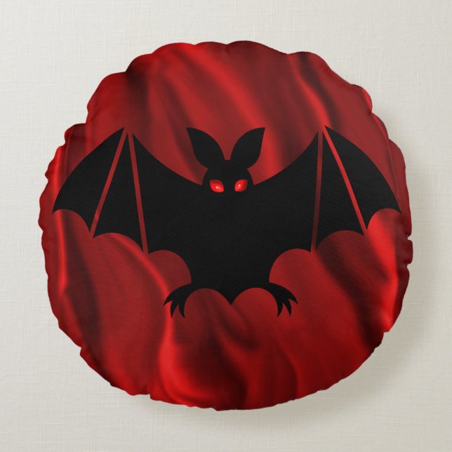 Creepy Vampire Fladdermus på Red Silke Halloween Rund Kudde (Framsidan)
