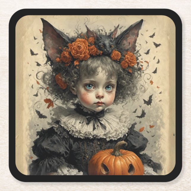 Creepy Victorian Girl Halloween Theme Underlägg Papper Kvadrat (Framsidan)