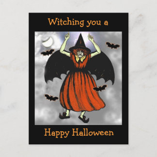 Creepy Vintage Halloween Fladdermus Witch-vykort Vykort