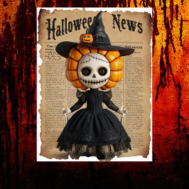 Creepy Voodoo Doll Witch's Hat Halloween Newspaper Poster