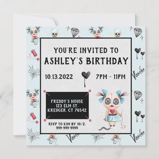 Creepy Voodoo Doll Witchy Birthday-inbjudan Inbjudningar (Framsida)