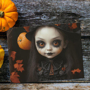 Creepy Witch Doll Orange Ögon Haunting Halloween Helg Vykort