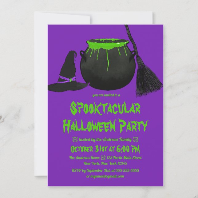 Creepy Witches Cauldron Hat Broom Halloween Invita Inbjudningar (Framsida)