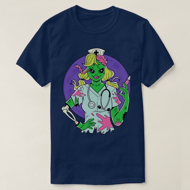 Creepy Zombie Nurse toon Halloween Zombie T Shirt (Design framsida)
