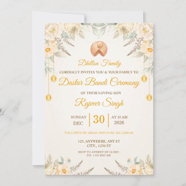 Creme Blommig Dastar Bandi Ceremoni Inbjudan (Framsida)