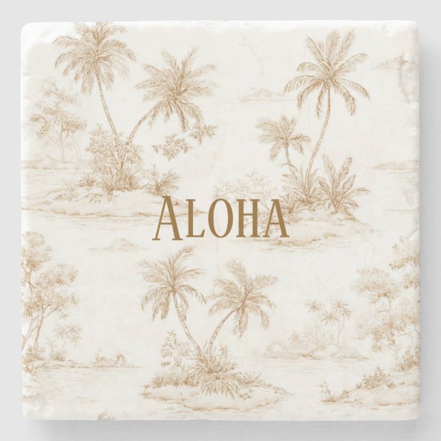 Crème Brun Aloha Tropisk Ö Palmträd Stenunderlägg (Framsidan)