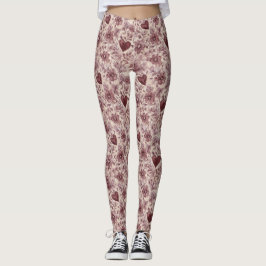 Crème burgunder röda hjärtan blommor leggings