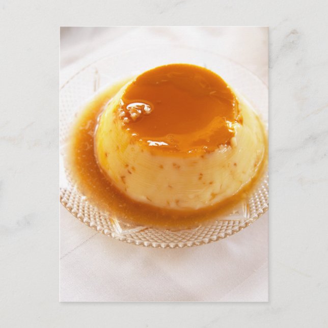 Crème caramel typ av pudding med karamell vykort (Framsida)