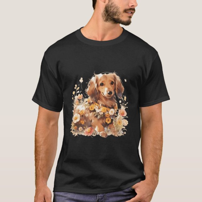 Creme Färgad Dachshund in Flowers - Adsible Mini T Shirt (Framsida)