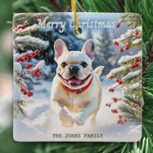Crème fransk bulldogg i snö God Jul