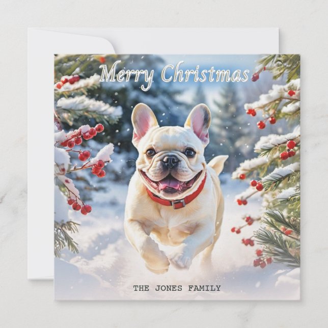 Crème Fransk Bulldogg i Snö God Jul Julkort (Framsida)