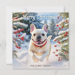 Crème Fransk Bulldogg i Snö God Jul Julkort
